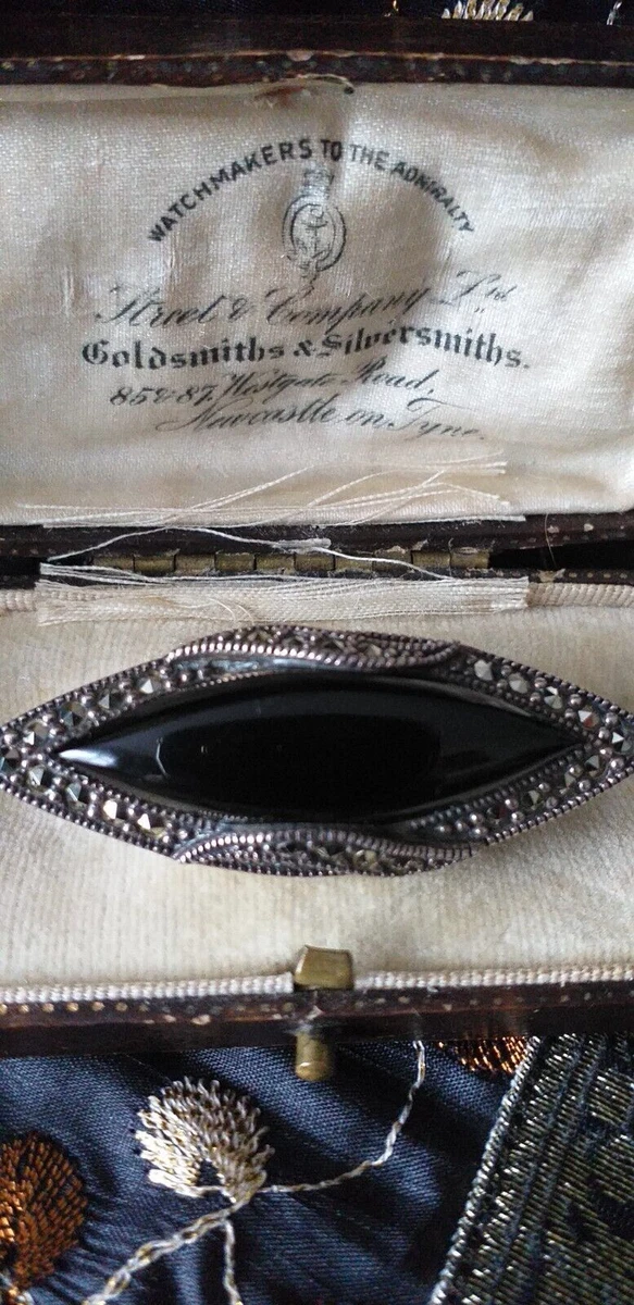Antique Vintage 1930 s Black Onyx Marcasite Sterling Silver Pin Brooch Heavy