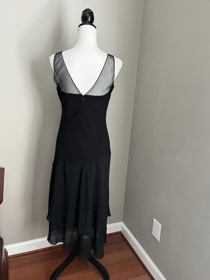 Evan Picone Black Dress Sleeveless Mesh Top Size 8 Party Evening Asymmetric Hem - Image 4 of 4