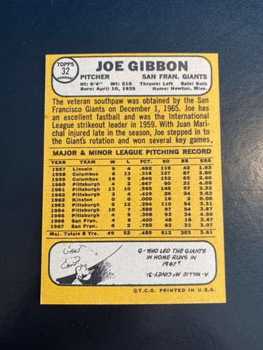 1968 TOPPS BASEBALL #32 JOE GIBBON!! $1 SHIPPING!! - Picture 2 of 2