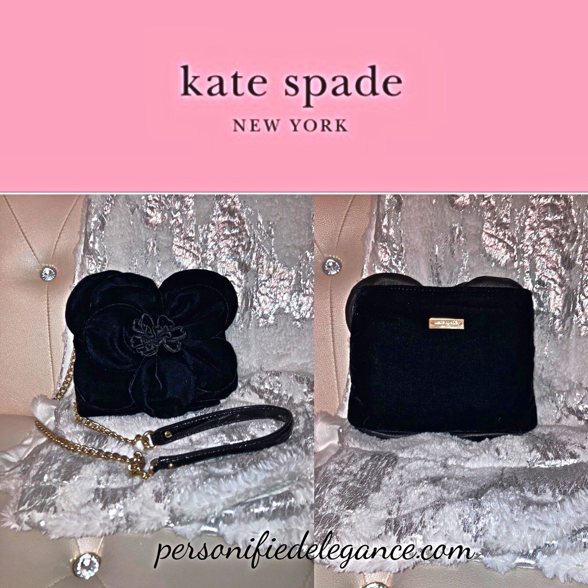Kate Spade Deluxe Plush Skipper Black Velvet Rose Chain Crossbody