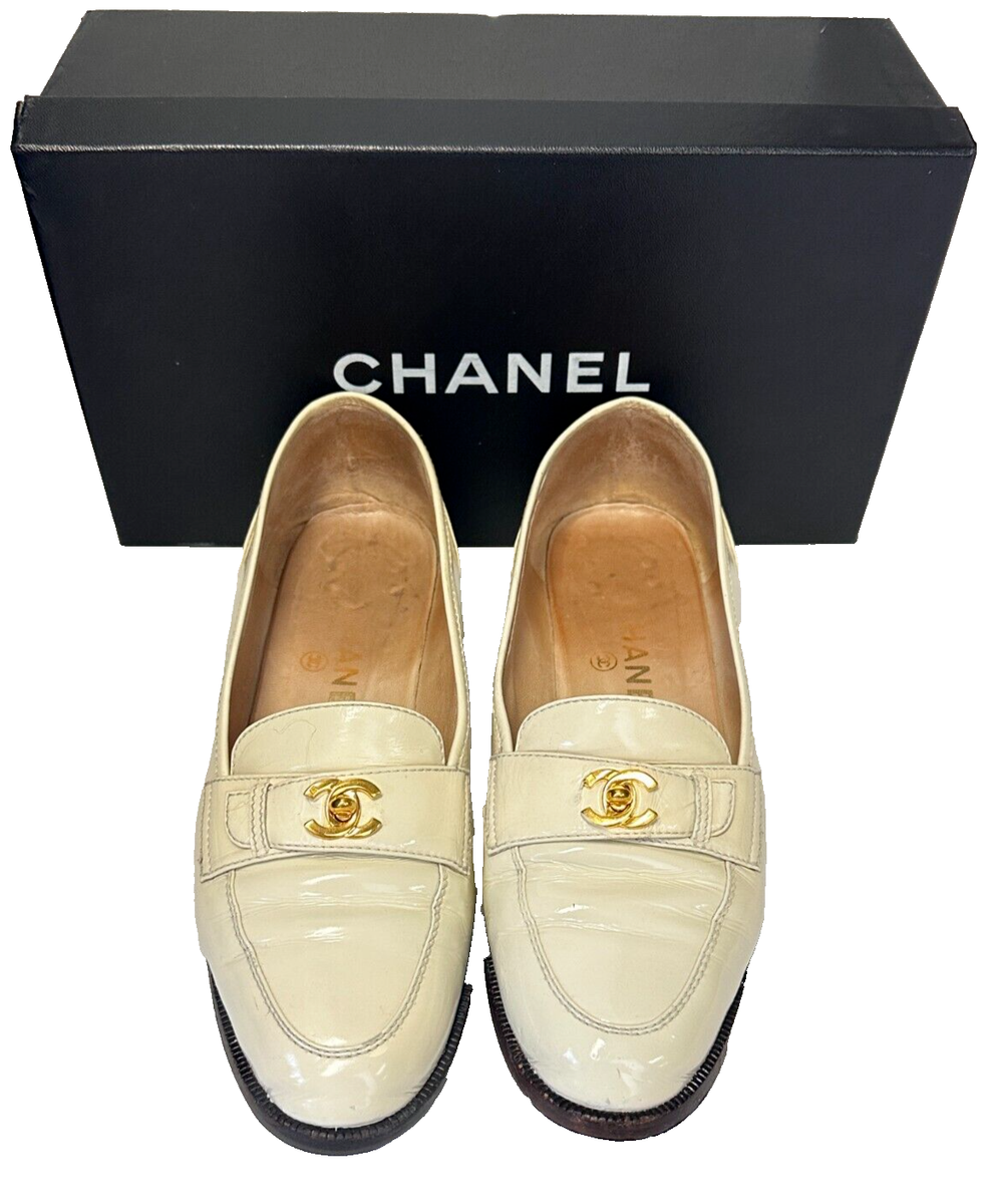 Vintage CHANEL Bianco Patent Leather Loafers 37.5 Ivory CC