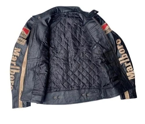 Men's Marlboro Leather Jacket Motorcycle Racing rare Black Biker Vintage Jacket - Picture 5 of 8