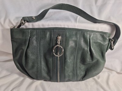 Via Spiga Dark Green Silver Zipper Polyest Leather Shoulder Bag Purse #676 14×9 