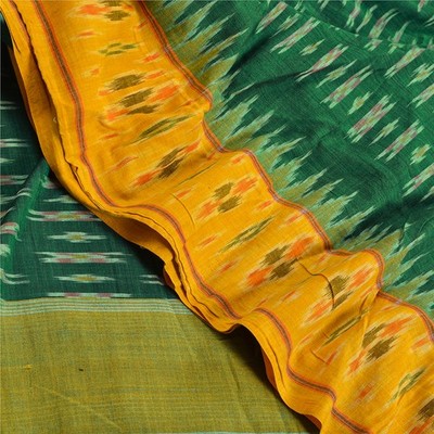 Sanskriti Vintage Saree Green Sambhalpuri Hand Woven Ikat Pure Cotton 5Yd Sari