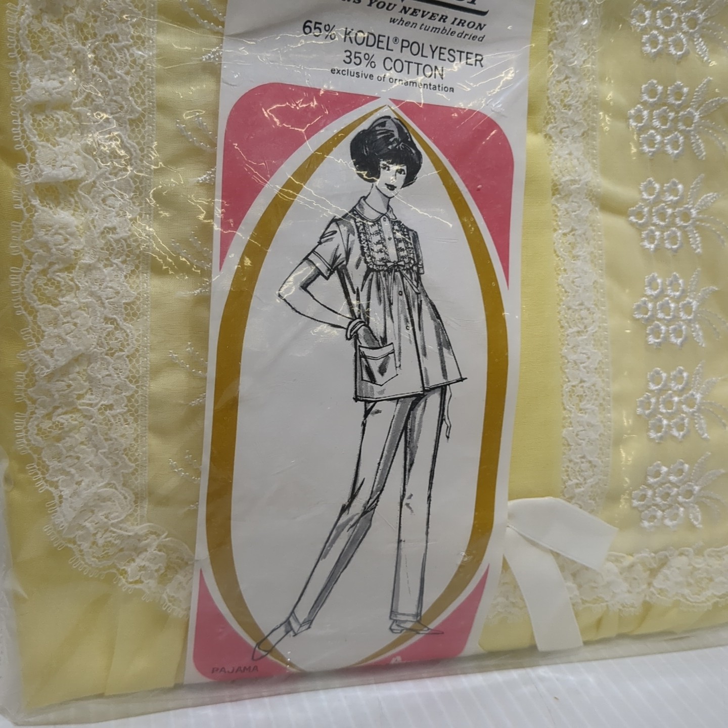 Vtg Gaymode Pajamas Set Yellow Lace Trim Penn Pre Kodel Polyester NOS M Penneys