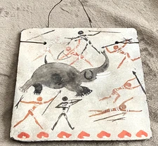 Vtg Hand-Painted Primitive African Native Hunting Scene Art Painting on Slate
