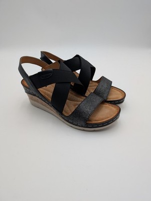 Romika Sandals Womens Size 6.5 Black Strappy Slingback Wedge Comfort Cushioned