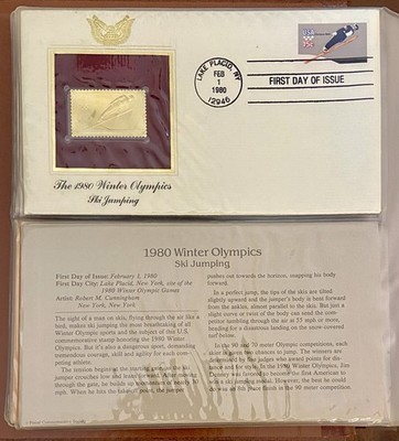 1980 Winter Olympics Ski Jumping 22kt Gold Replica First Day Issue
