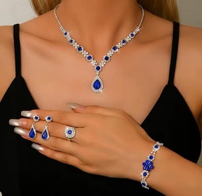 Saphir blau Tropfen 4-teiliges Schmuckset Halskette Ohrring Armband Ring Party Kleid