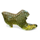 Vintage Fenton Art Glass Olive Green Hobnail Cat Head Shoe Slipper Heel Boot