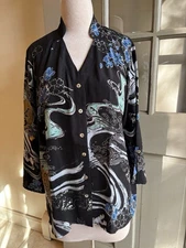 CITRON Santa Monica Sz 2X Black Oriental Pattern 100% Silk Button Down Tunic Top