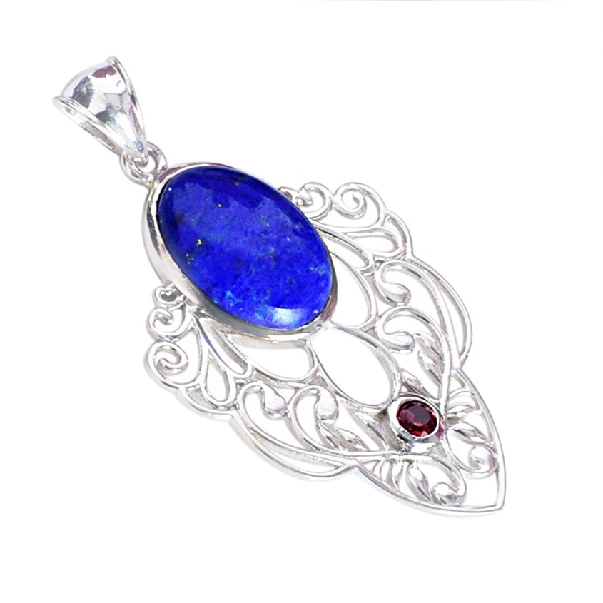 Pietra preziosa lapislazzuli argento sterling 925 ciondolo granato look... - Immagine 2 di 4