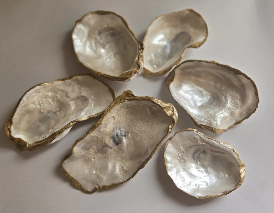 Handcrafted  Decoupaged White Pearl Floral Oyster Shell W/ Gold Accents Set 6  - Image 3 of 4