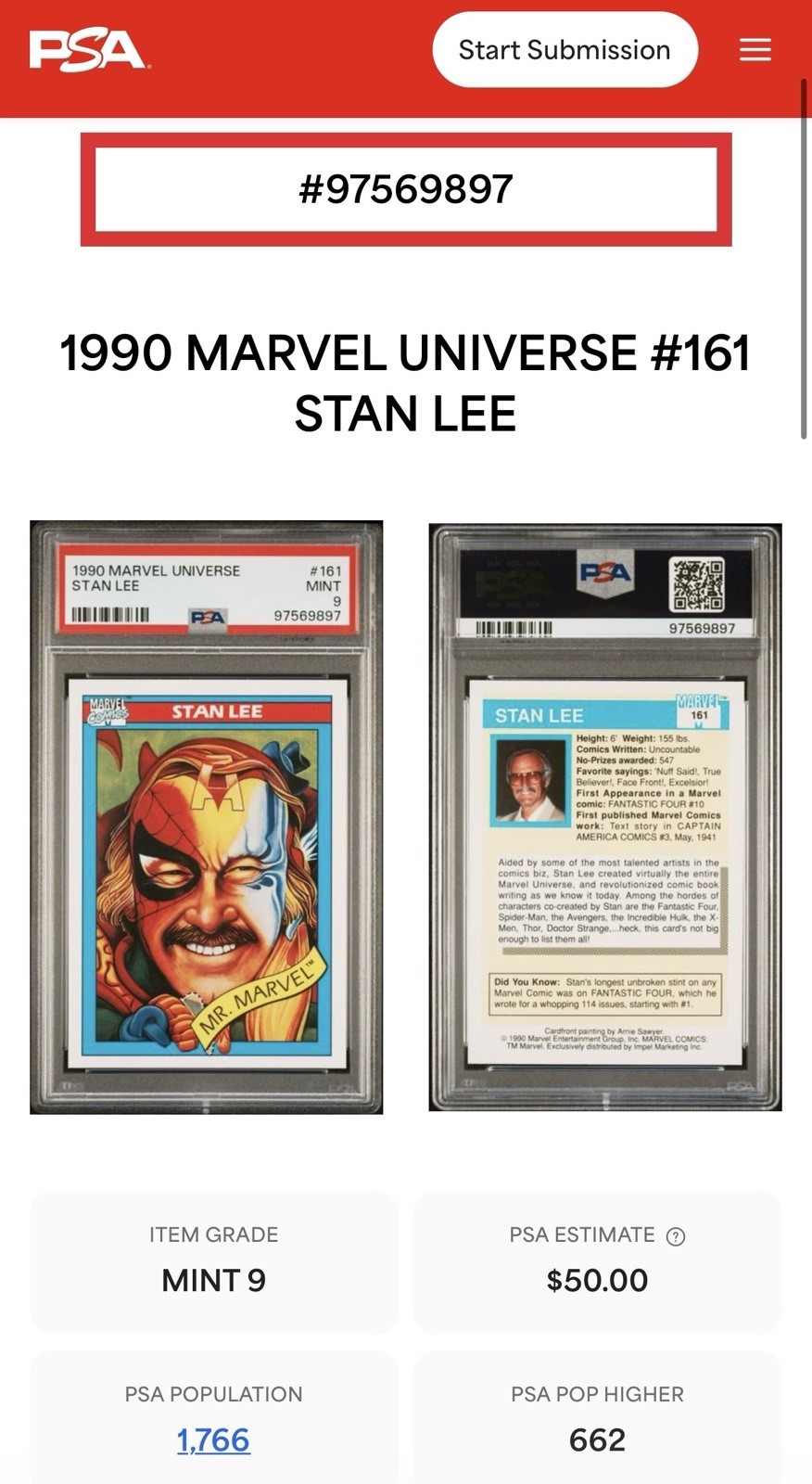 1990 Marvel Universe Spider-Man Presents: #161 Stan Lee - Mr. Marvel PSA 9 MINT view 2