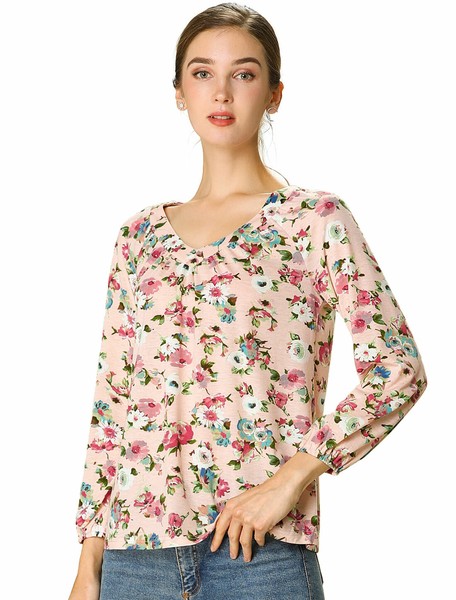 Damen Langarm V Ausschnitt RüSchen Blumen Top Bluse-image