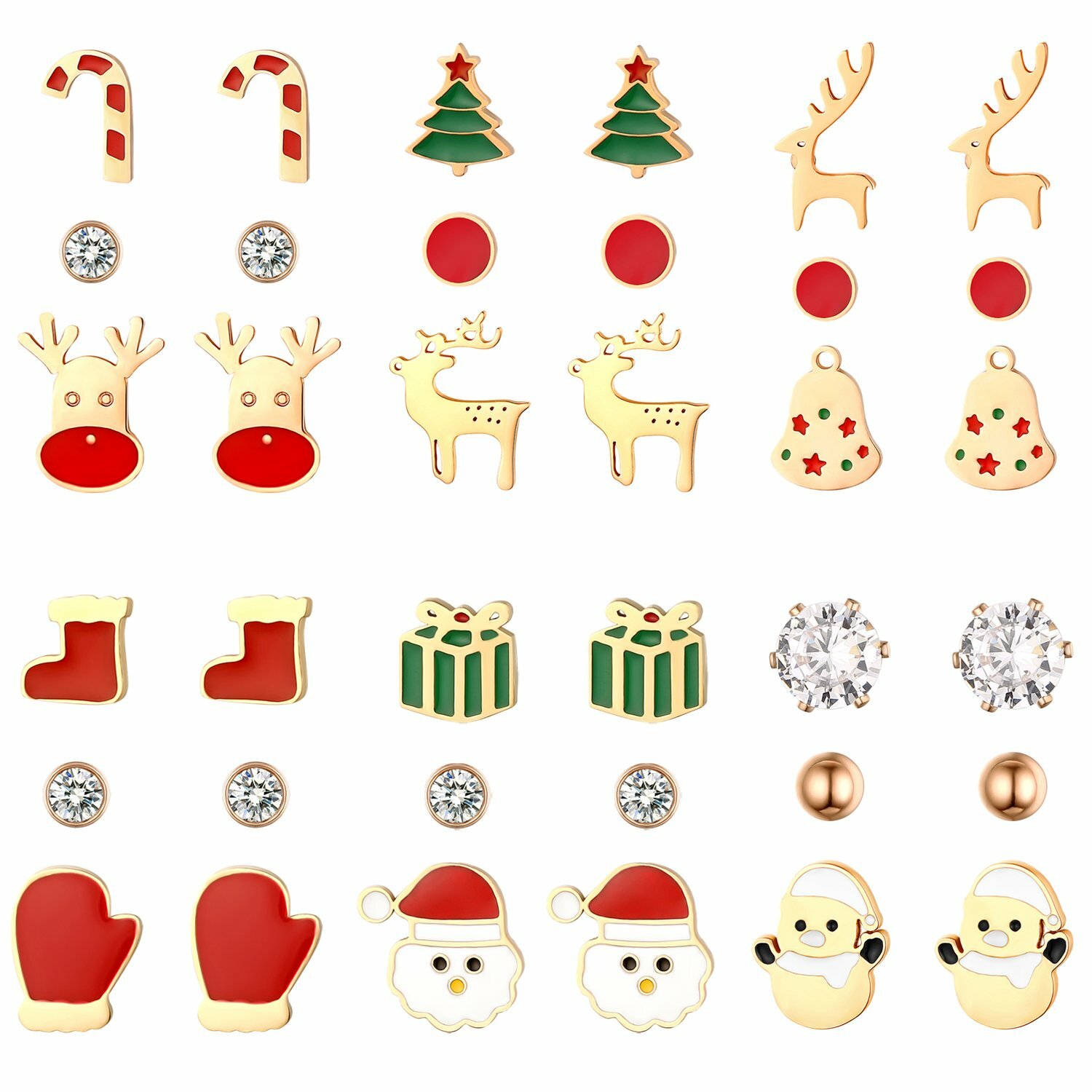 3 pares de aretes de circonita cúbica de alce de Papá Noel árbol de Navidad piercing regalo de Navidad