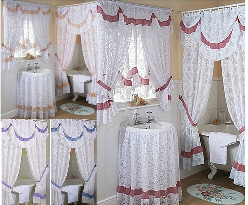 Chantilly lace bathroom window curtains, mock austrian - LAST FEW PEACH OR LILAC