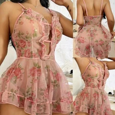 Women's Sexy Floral Nightdress Lace Sheer Dress Babydoll Halter Sleepwear Nighty