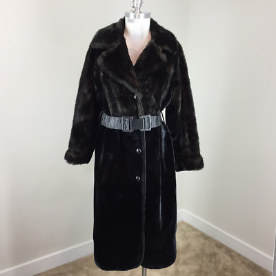 Vintage Borgazia Faux Fur long Winter Coat Womens L Dark brown Black belt 