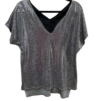 Anna Grace Short Sleeve V-Neck Metallic Silver Sequin Top NYE Women's Size S