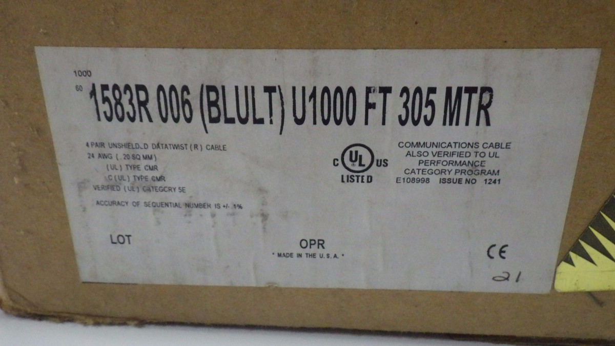 Câble Réseau BELDEN 1583R CAT 5E 4 Paires 24 AWG Bleu - Longueur 100 Ft, Surplus Stock