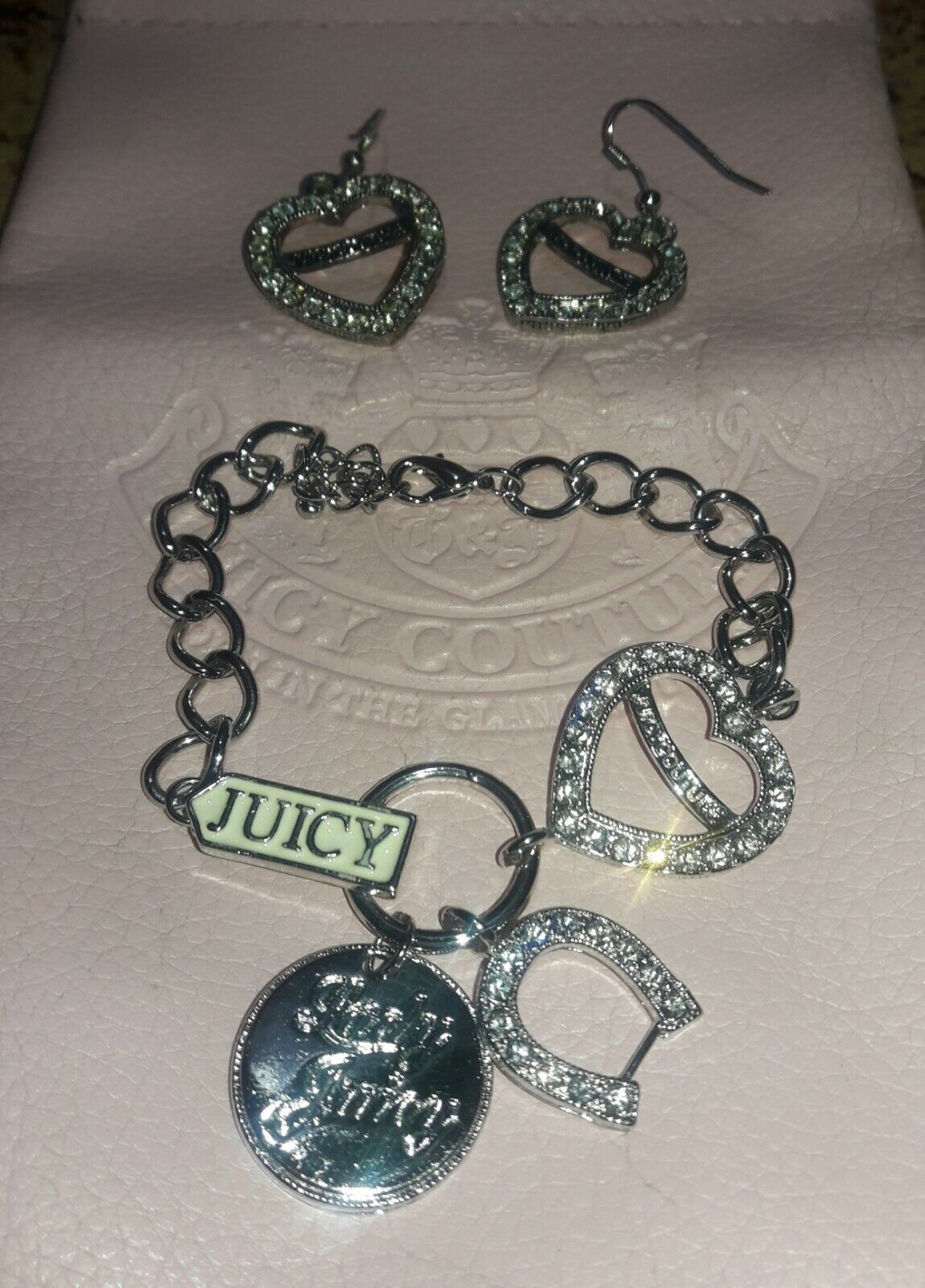 Juicy Couture Silver Rhinestone Heart Charm Brace… - image 1