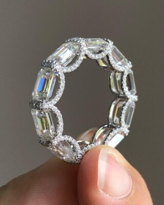 4CT Emerald Simulated Diamond Full Eternity Wedding Band Real14K White Gold Over