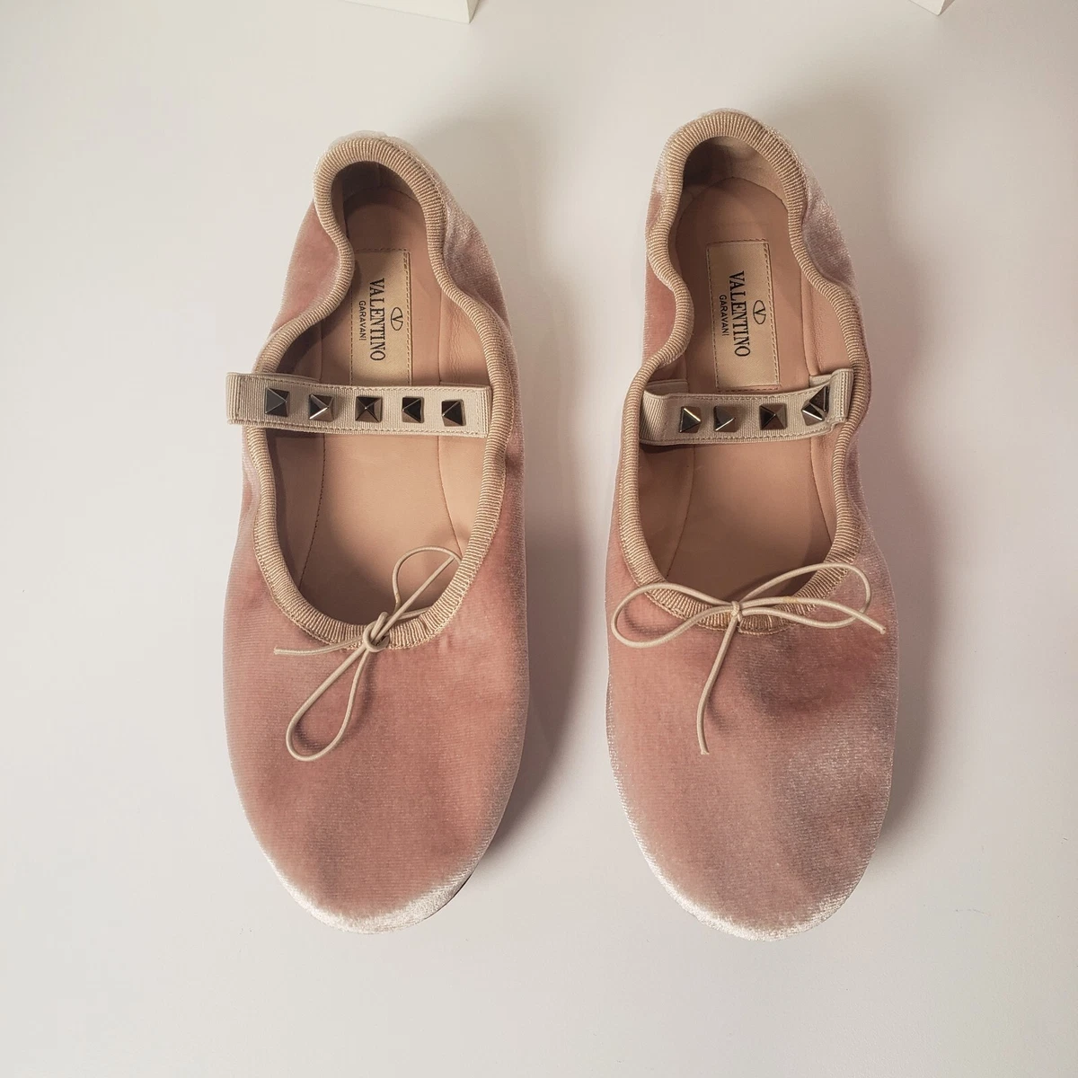 Valentino Rockstud Poudre Velvet Ballet Flats Shoes Size 37