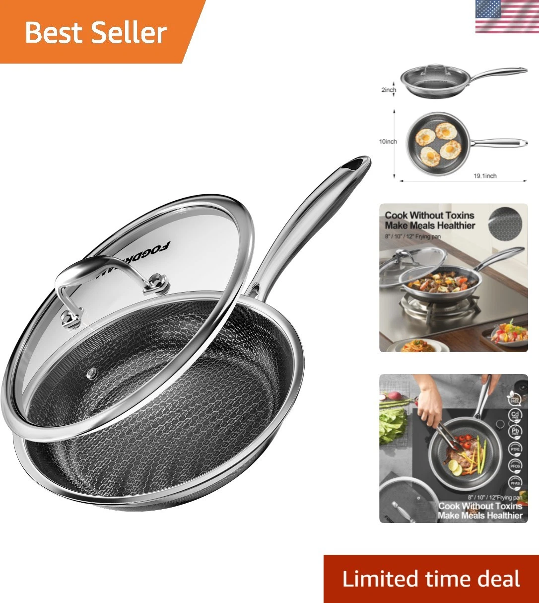 Non Stick Frying Pans, 10 Inch Stainless Steel Skillet with Tempered Glass Li...