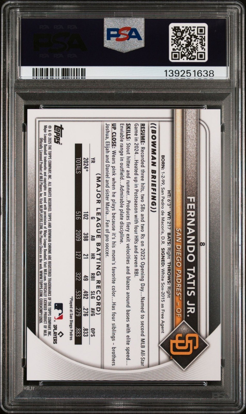2025 Bowman Chrome - Fernando Tatís Jr. #8 Orange Refractor PSA 9 view 2