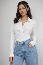 2K White Ruched Ribbed Bodysuit Made in USA Size M
