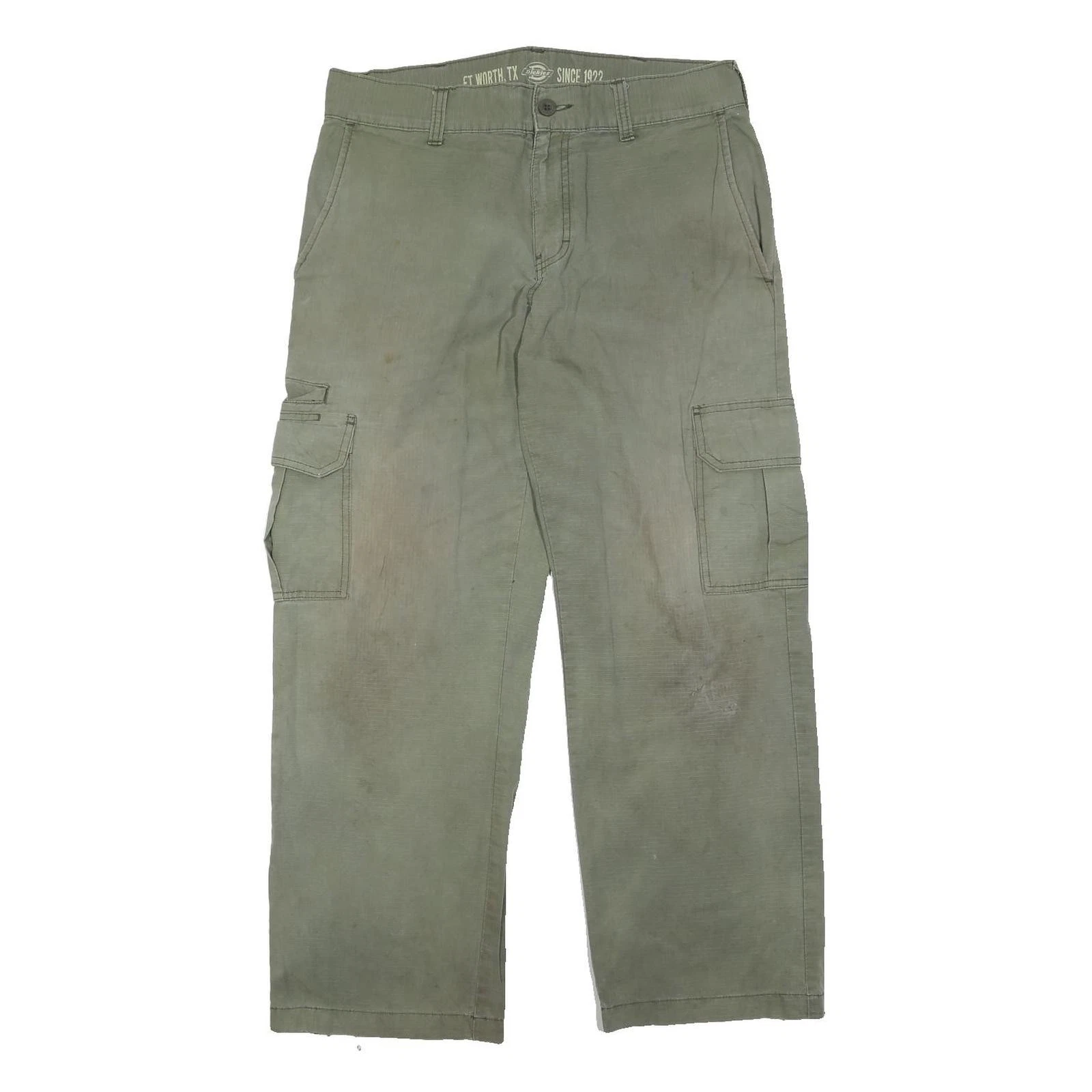 DICKIES Mens Cotton Blend Olive Relaxed Cargo Trousers W33 L28 Workwear
