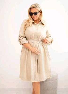 Damen Weltlook Plus-Size-Kleid aus Kunstleder mit Gürtel Creme Farbe NEU 