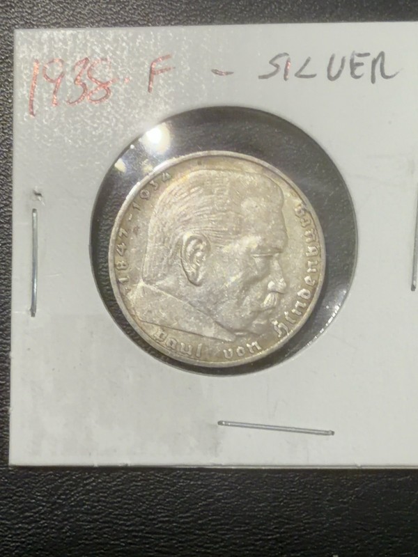 1938 F Germany 2 Reichsmark Silver Coin 62.5% Hindenburg Stuttgart Mint