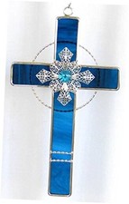 Stained Glass Cross with Filigree Design   Blue 9 x 5 Inches   Silver Plated
