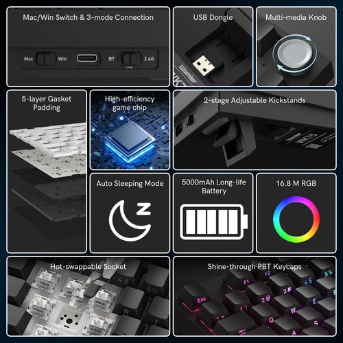 WK75 75% Wireless Gaming Mechanical Keyboard,BT5.0/2.4GHz/USB-C, Hot Swappabl... - Picture 3 of 9