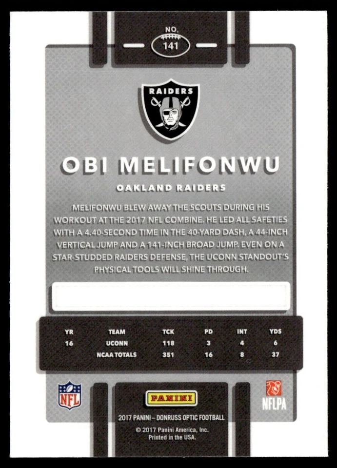 2017 Donruss Optic Obi Melifonwu Rookie Oakland Raiders #141 - Image 2 of 2