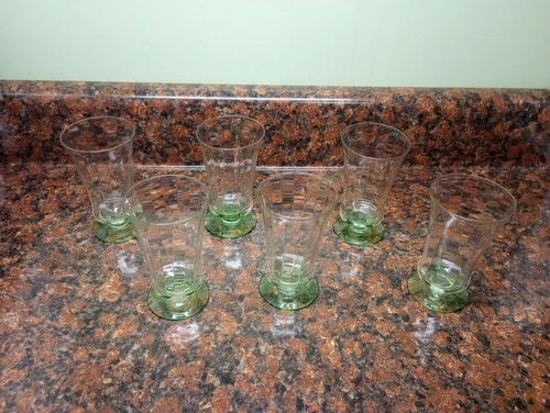 6 Clear Depression Glass, Green Footed Pedestal Small Juice Glasses Tumblers
