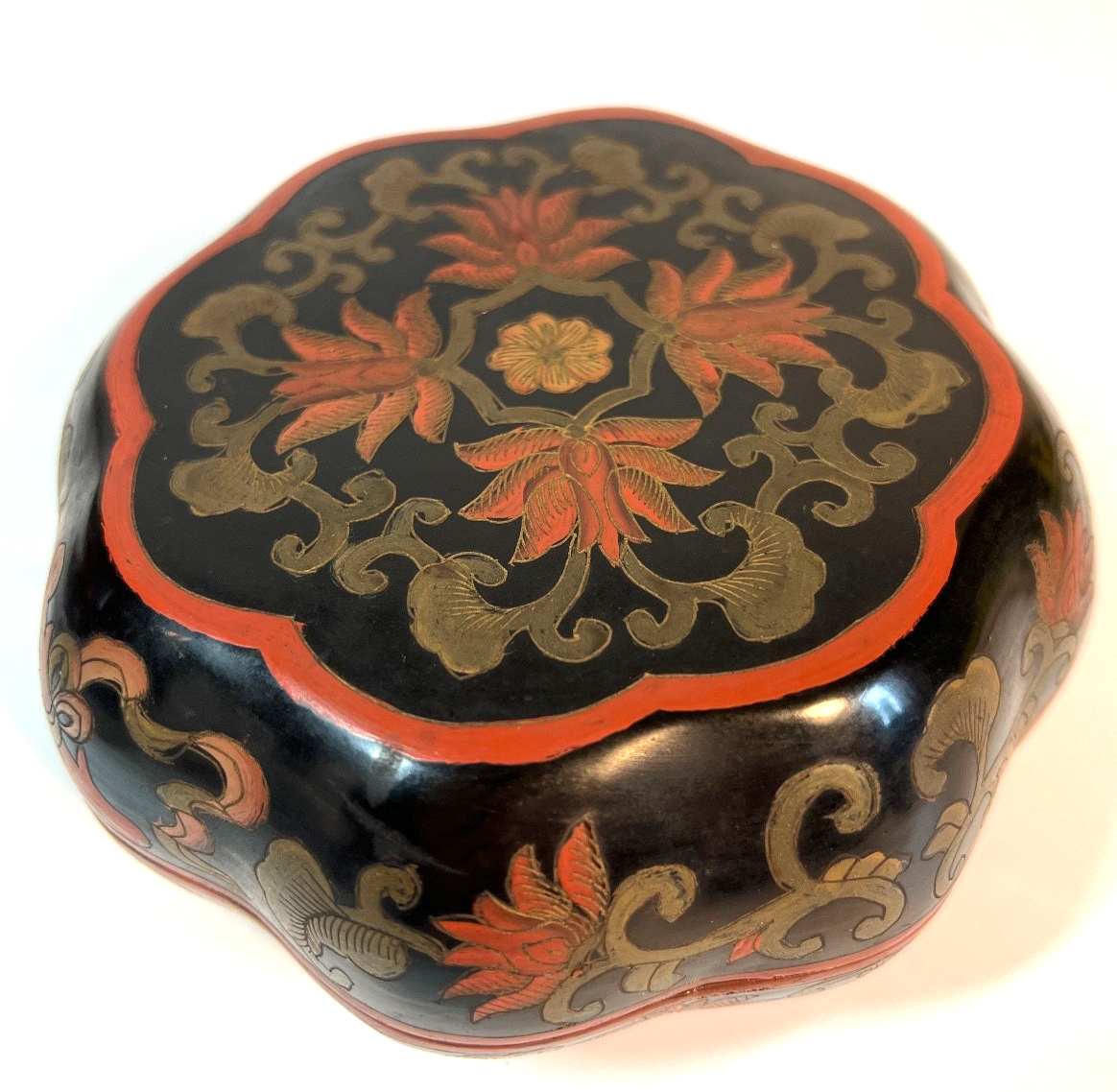 Vintage Chinese Lidded Wooden Lacquer Wedding Box Hand-painted Black 5 