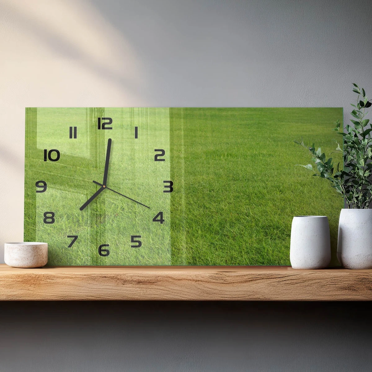 Reloj de Pared Rectangular de Vidrio Templado Decorativo Hierba Verde 60x30 cm