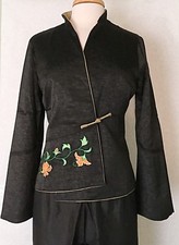 Asian Chinese Ladies Cheongsam Style Jacket Coat Black with Embroidered Peony