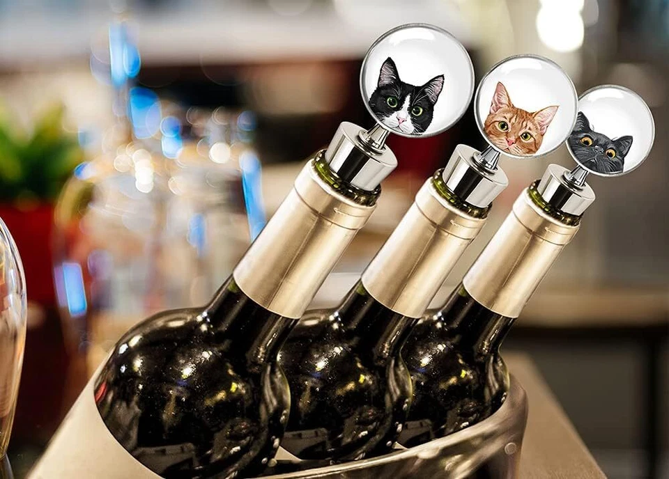 Набор из 3 пробок для винных бутылок с кошачьей тематикой из нержавеющей стали — оранжевый табби, черный... - Изображение 3 из 4
