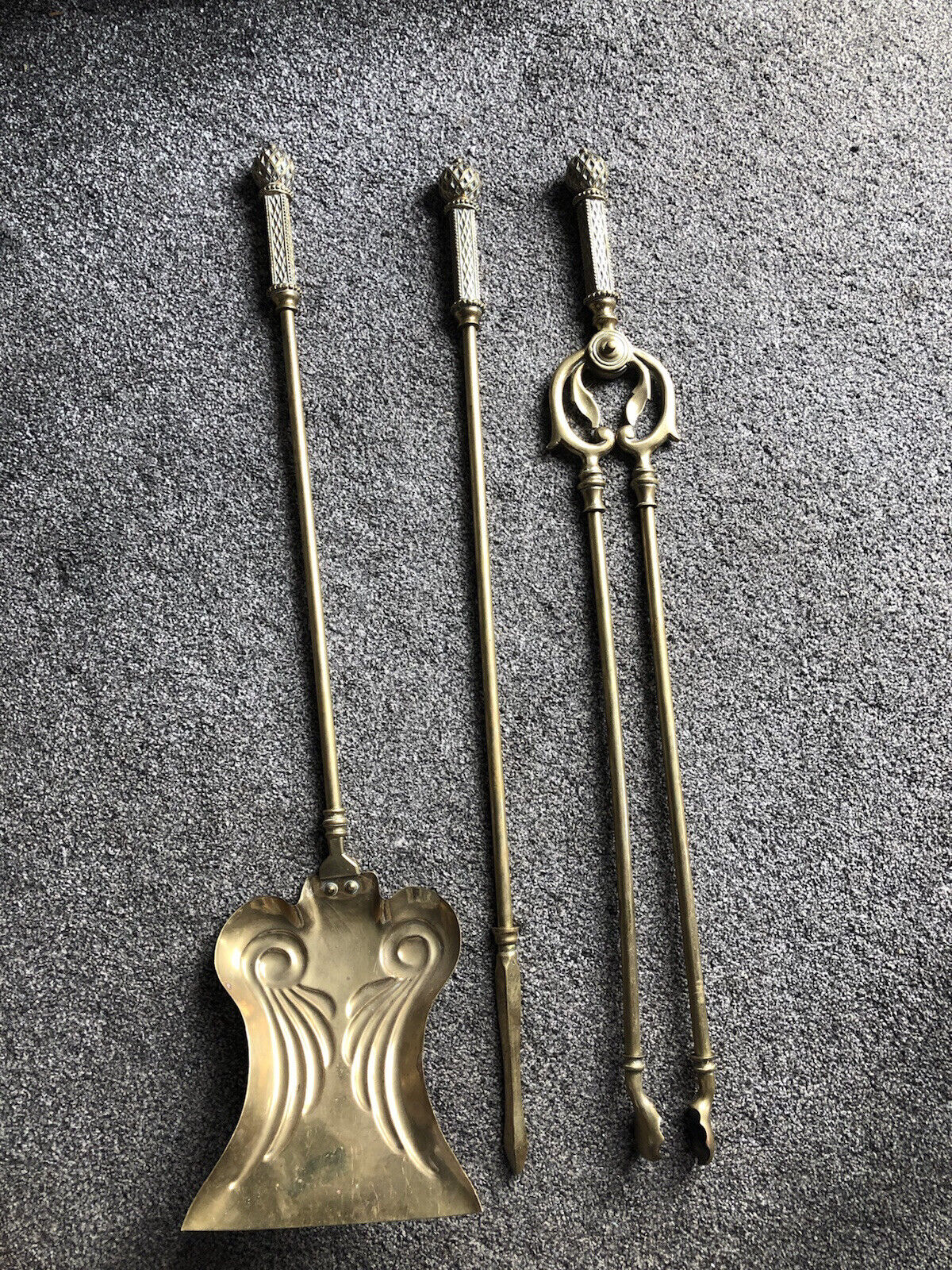 Antique Victorian Solid Brass Fireside Trio Companion Set Poker Shovel Tongues UITVERKOOP
