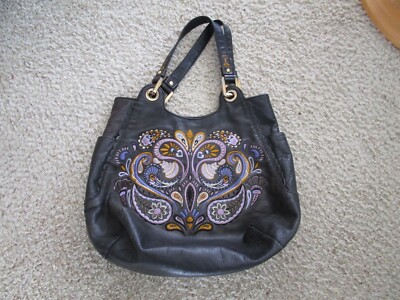 ISBELLA FLORE Hobo Large Purse Embroidered Black Leather Tote Gold Hardware