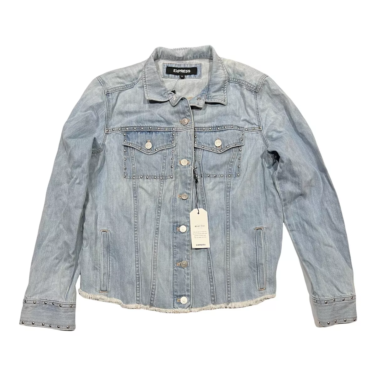NWT EXPRESS Women s Denim Jacket LARGE Light Wash Studs 72350 eBay