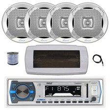 Pyle Bluetooth Marine Receiver,Cover, Antenna,Wire, 4x 5.25" 400W Silver Speaker