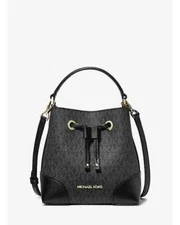 Michael Kors Mercer Small Drawstring Bucket Bag Signature Print Crossbody Style