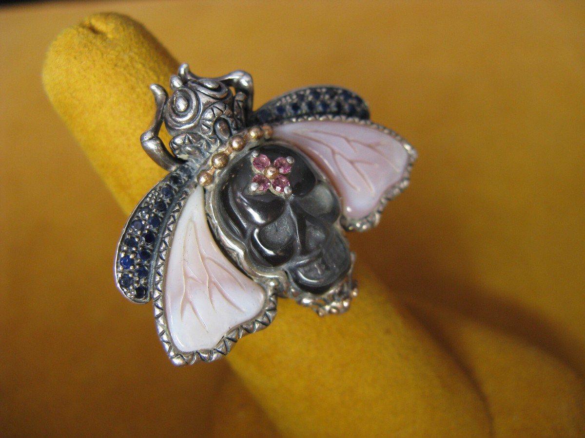 BARBARA BIXBY BEE SKULL GEMSTONE RING SIZE PINK MOP BLACK