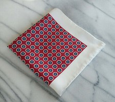 Hand Rolled Silk Ivory Pocket Square with Maroon,Black and Navy Geometric Design