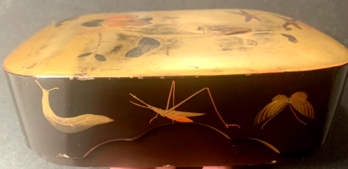 ANTIQUE Japanese LACQUER BOX Maki-e 1850s Hiramaki -e Nashiji Edo Gilt Insects